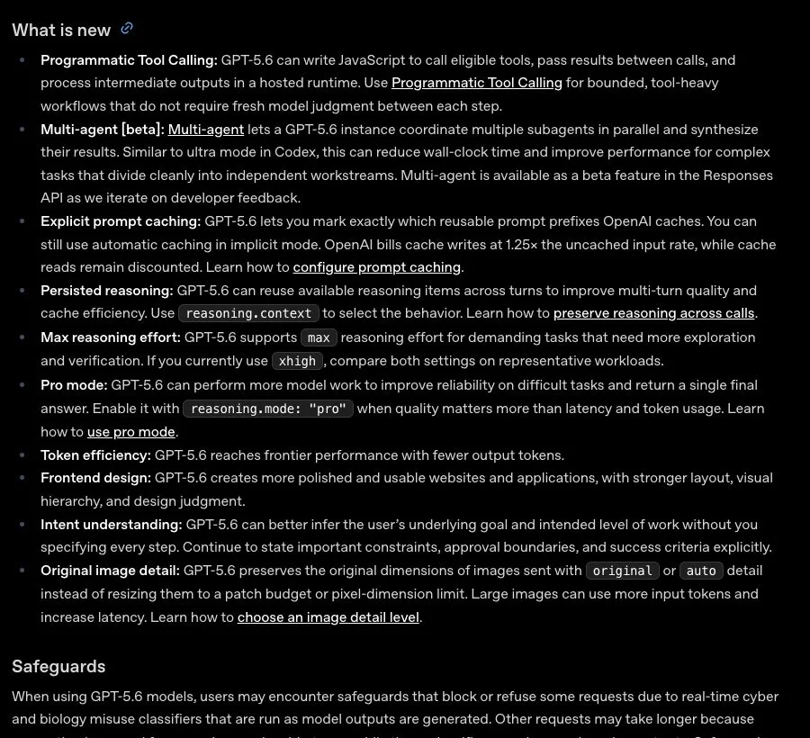 OpenAI 개발자 문서에서 GPT-5.6 주요 업데이트 목록만 잘라낸 화면